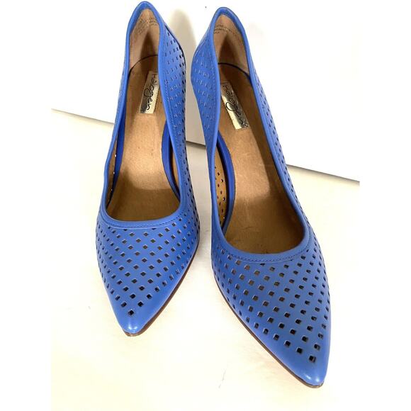 EUC Halogen Sze 7.5 Blue Cutout Leather Heels Prom Dance Party - Picture 1 of 7